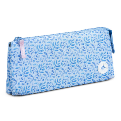 Pencil case light blue fabric with all-over blue leaf print, zip closure, pink zip pull, and white star badge logo