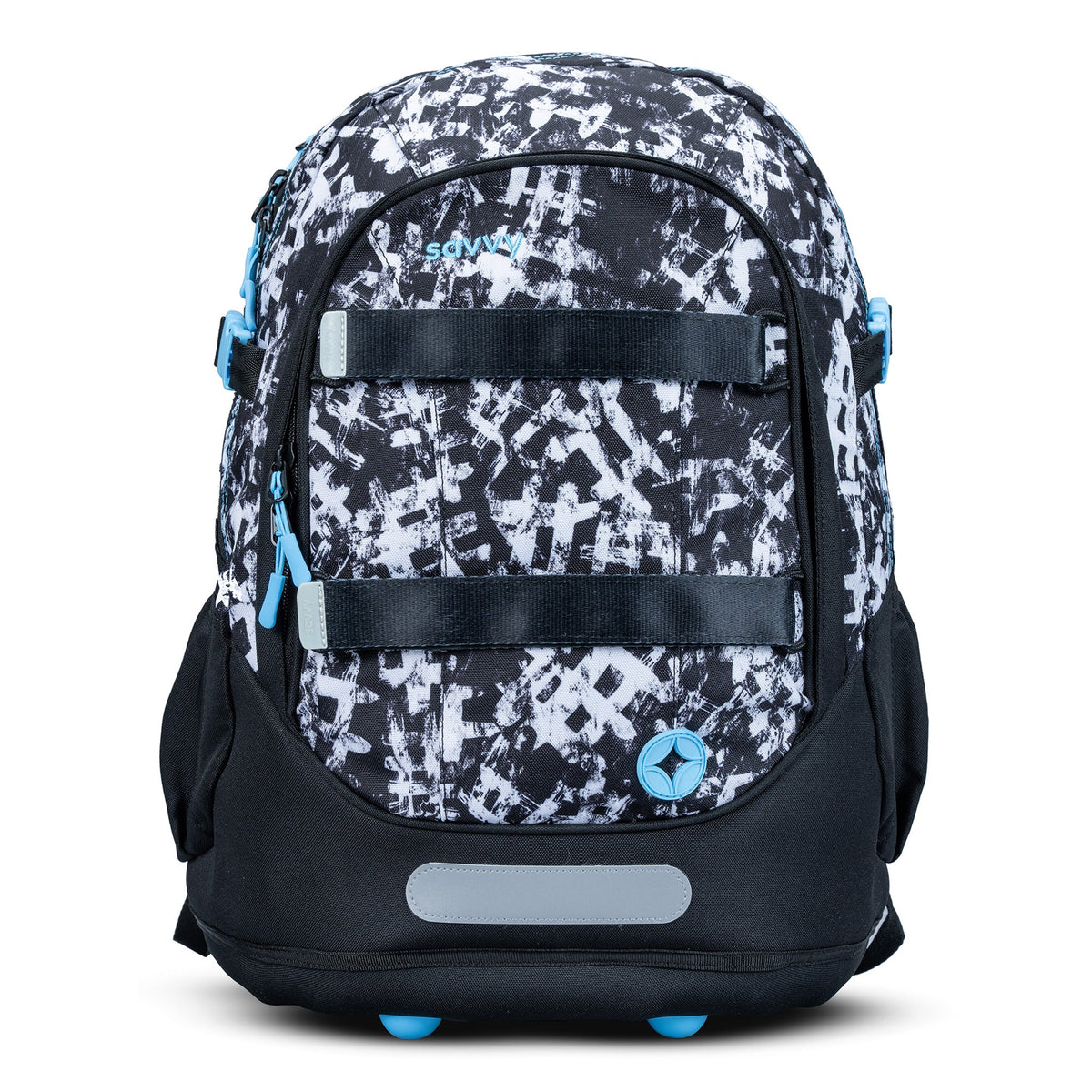 Large school backpack with black and white graffiti print, blue zip pulls, reflective strip, and elastic chest straps