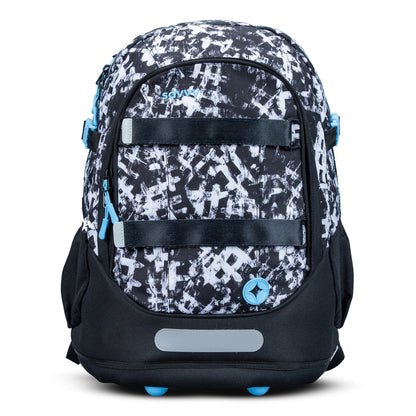 Large school backpack with black and white graffiti print, blue zip pulls, reflective strip, and elastic chest straps