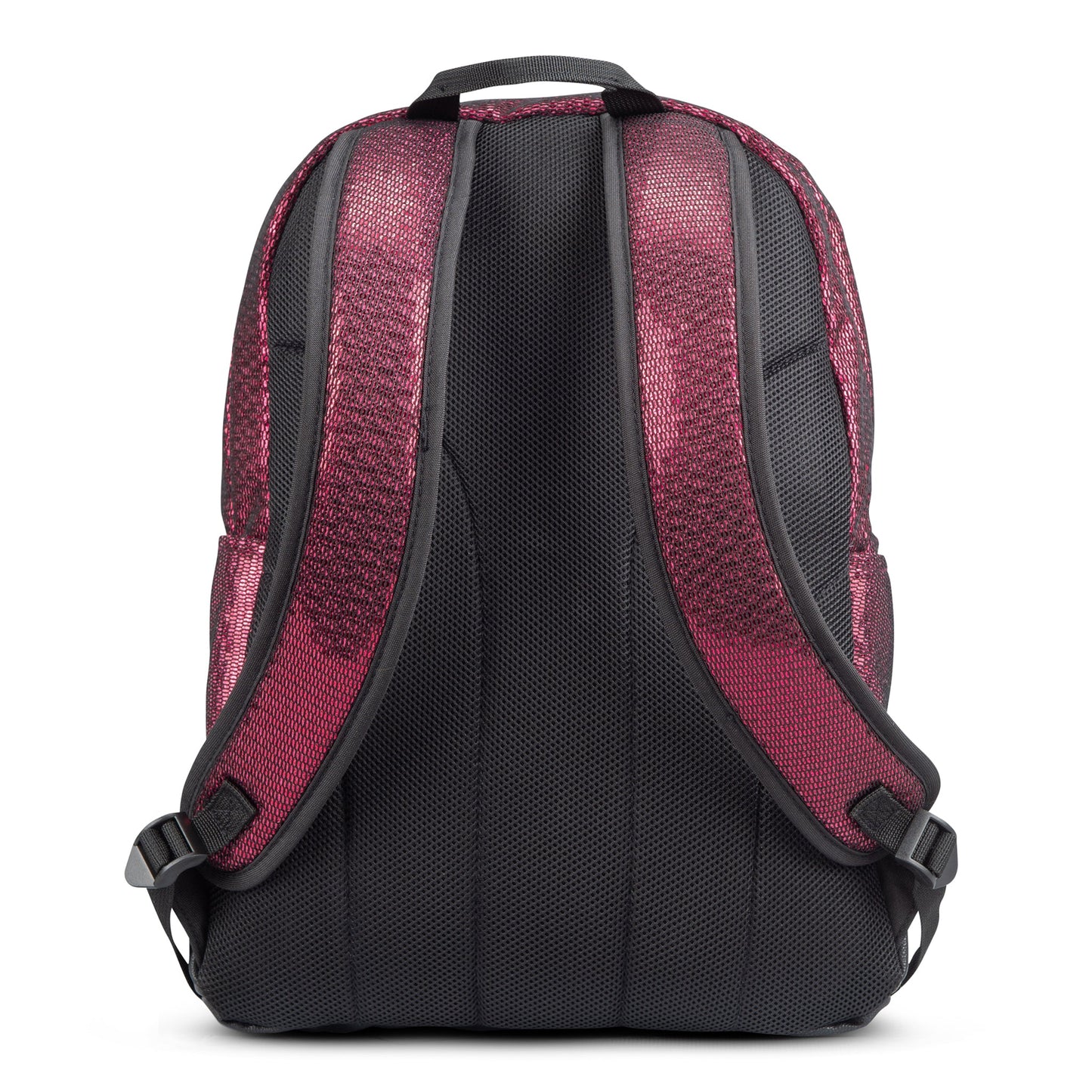 Backpack rear view in pink metallic mesh and black with padded shoulder straps, top carry handle and side pockets