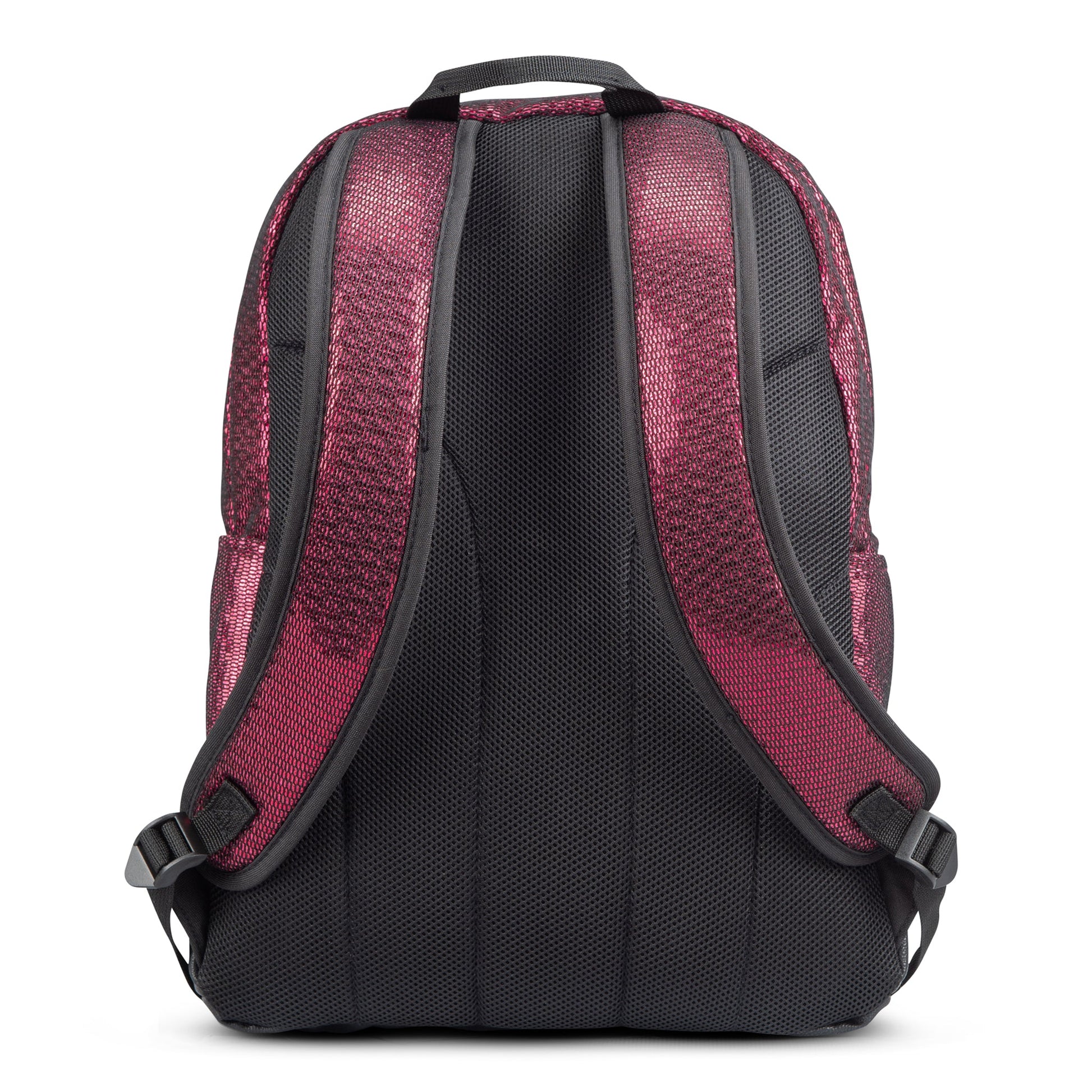 Backpack rear view in pink metallic mesh and black with padded shoulder straps, top carry handle and side pockets