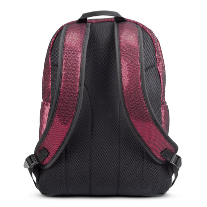 Backpack rear view in pink metallic mesh and black with padded shoulder straps, top carry handle and side pockets