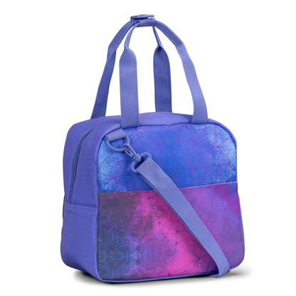 Lunch bag with purple and pink galaxy print, dual top handles, detachable shoulder strap, and zip closure