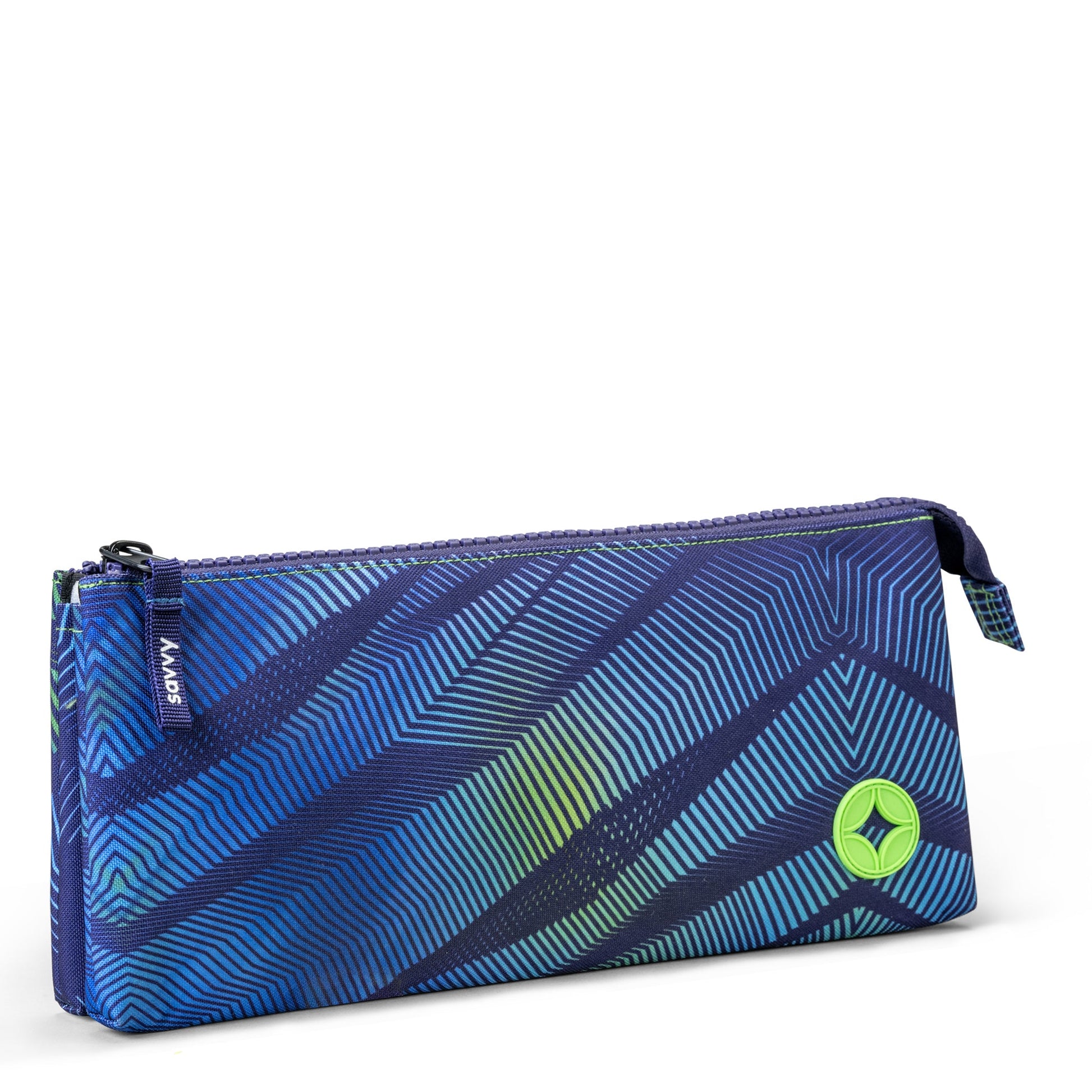 Pencil case with blue-to-green gradient chevron stripe print, zip closure, and neon green star logo badge