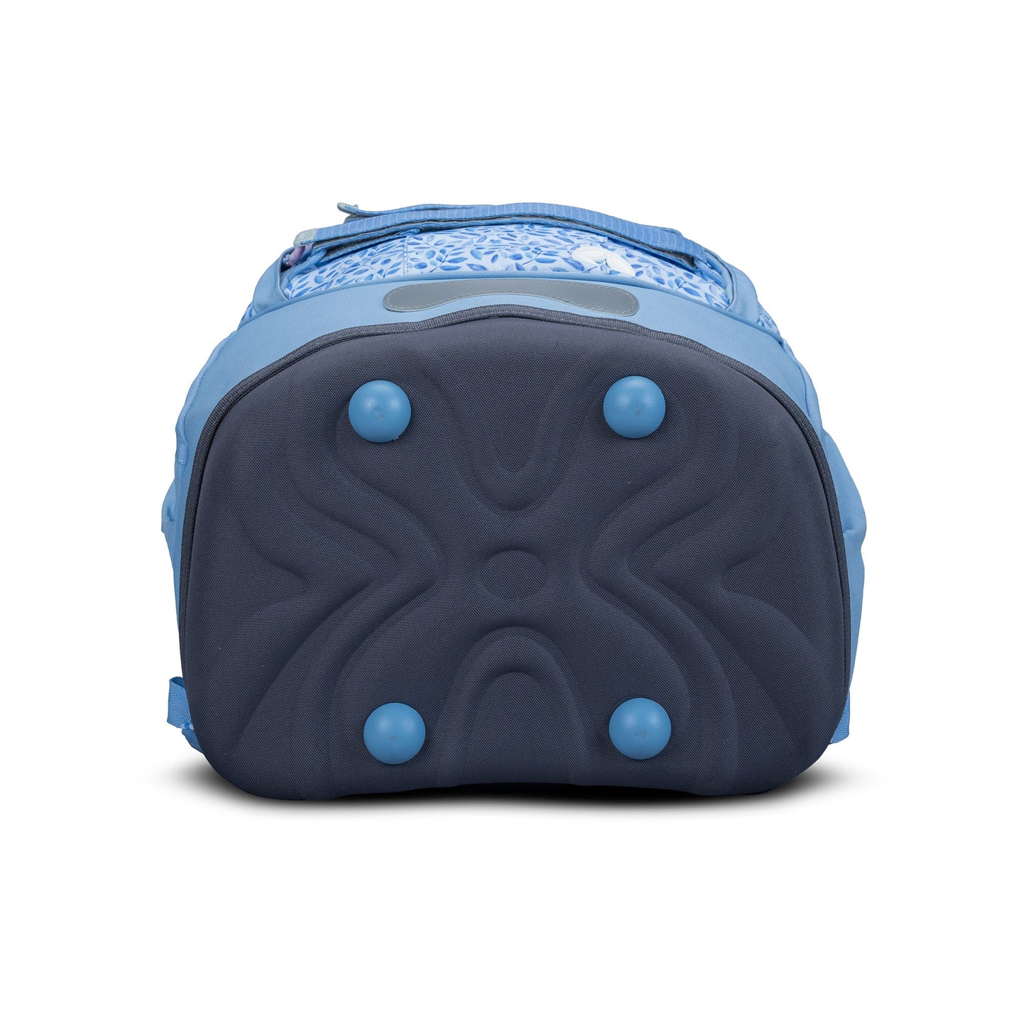 Blue kids' backpack bottom view showing navy moulded hardshell base with four blue rubber protective feet studs and floral print top panel