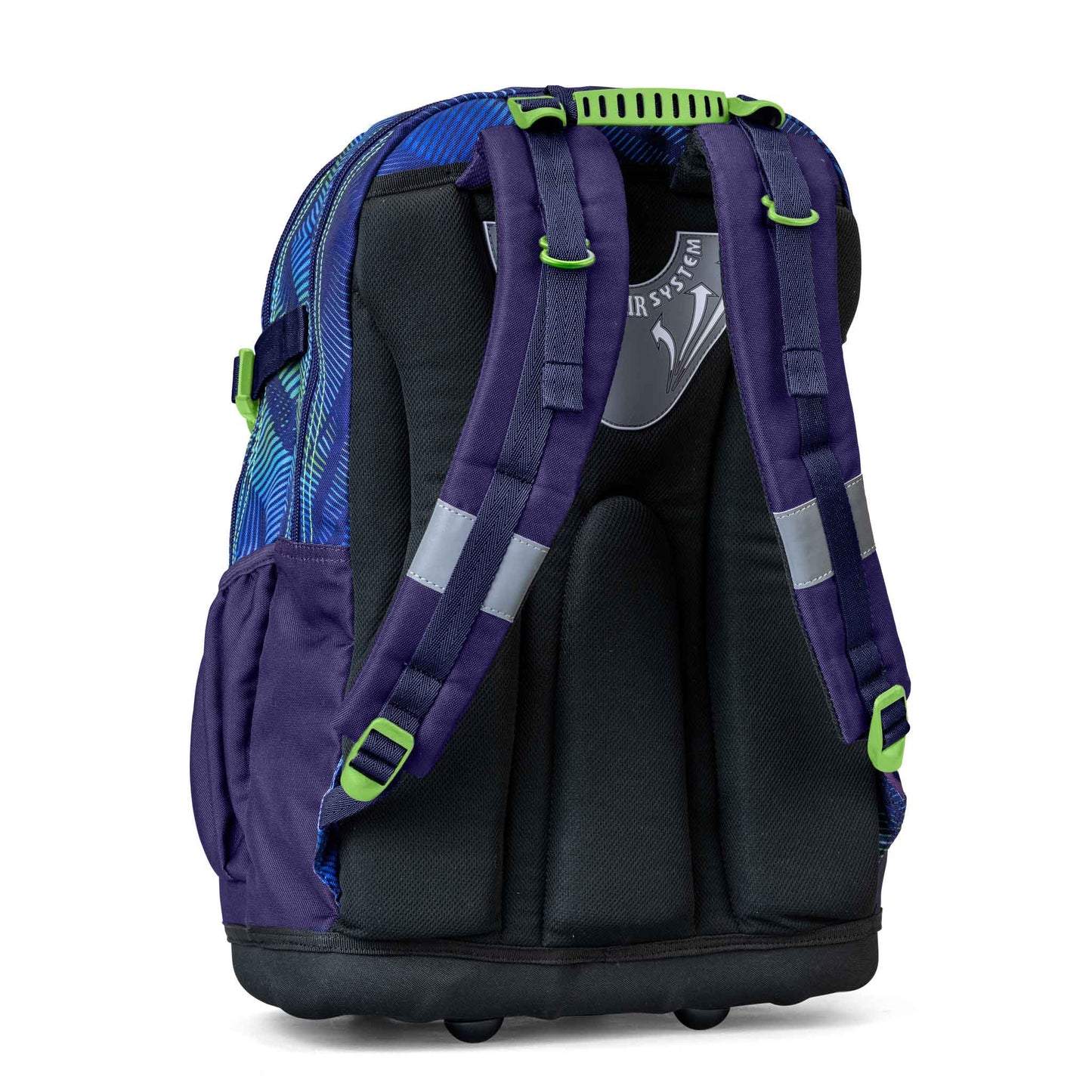 Kids' rolling school backpack blue green wave print with purple padded straps, reflective strips, air system back panel and wheel base