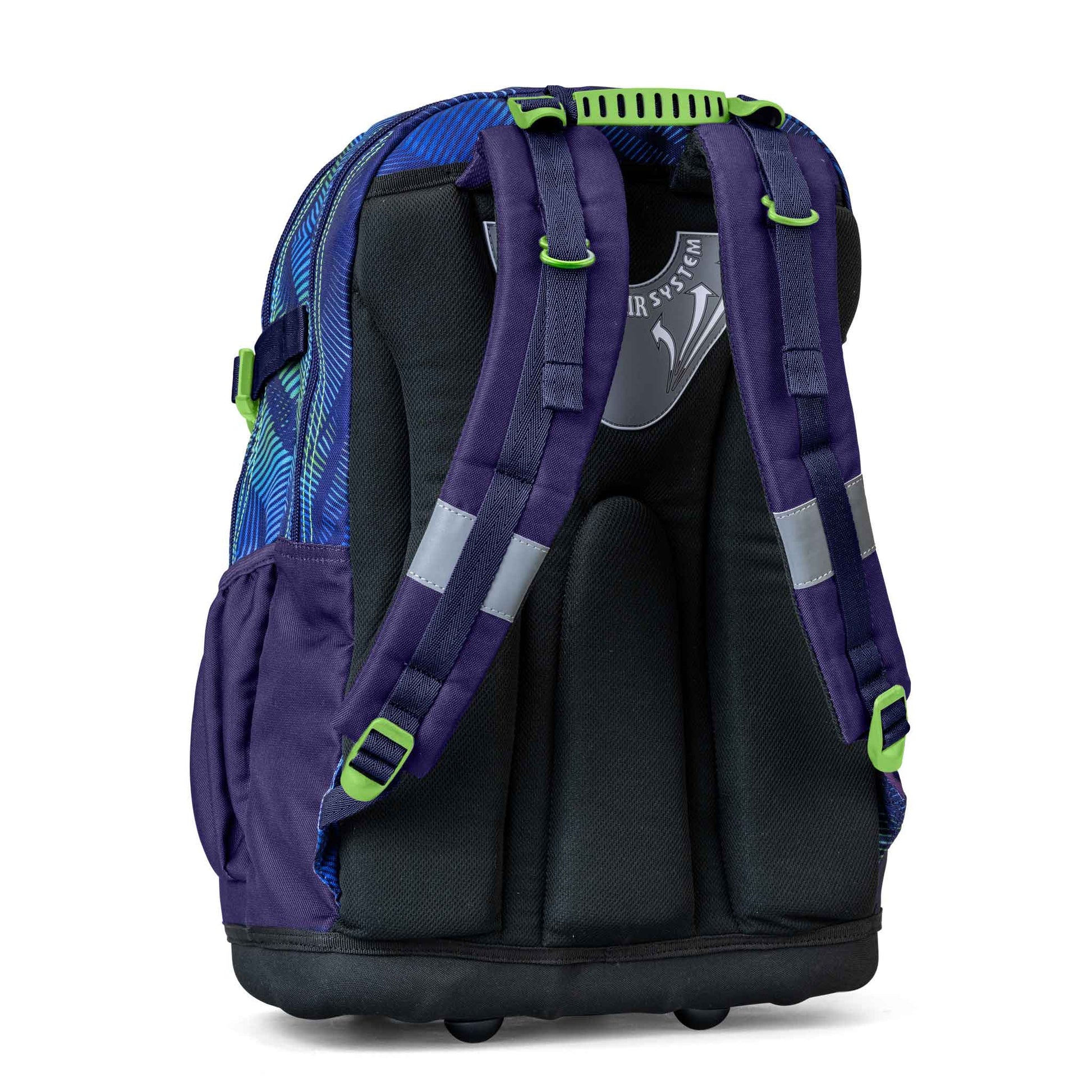 Kids' rolling school backpack blue green wave print with purple padded straps, reflective strips, air system back panel and wheel base