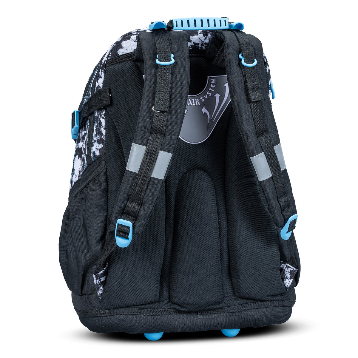 Large kids school backpack black white splatter print with blue accents, padded air-system back panel and reflective strips