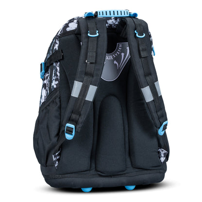 Large kids school backpack black white splatter print with blue accents, padded air-system back panel and reflective strips