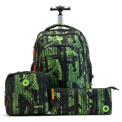 Savvy 3-piece trolley backpack set in black and green abstract print with retractable handle, lunch bag and pencil case