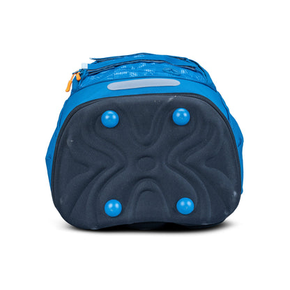 Backpack base view showing navy moulded hard shell bottom with four blue rubber feet, bright blue body and orange zipper pull