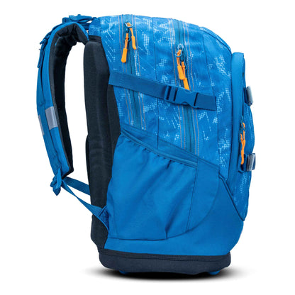 Backpack blue patterned polyester with orange zip pulls, padded shoulder straps, side pocket and chest strap clip, side view