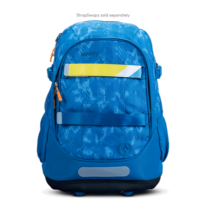 Savvy kids school backpack in blue lightning print with yellow reflective strip and orange zip pulls