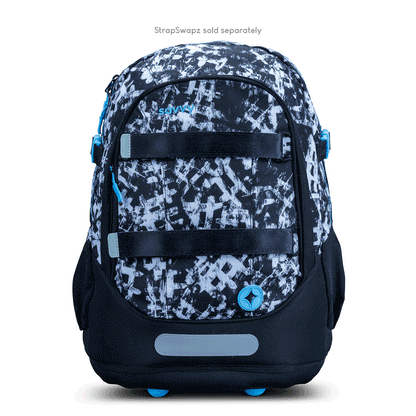 Savvy kids rolling backpack with black and white graffiti print, blue zipper accents, chest straps and reflective strip