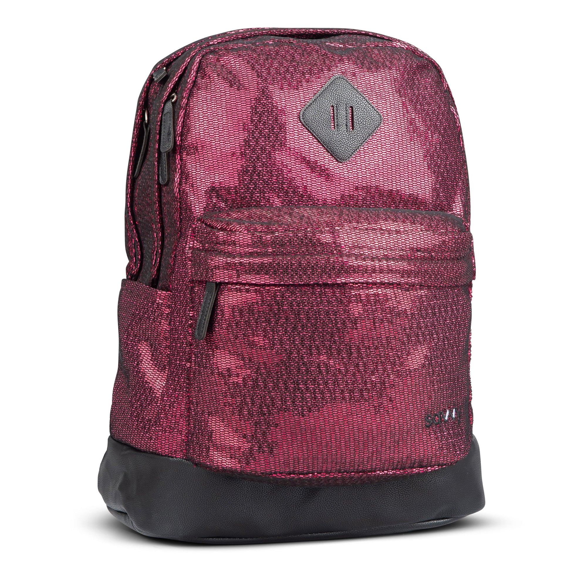 Backpack in pink metallic textured fabric with base, front zip pocket and diamond logo badge