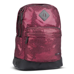 Backpack in pink metallic textured fabric with base, front zip pocket and diamond logo badge