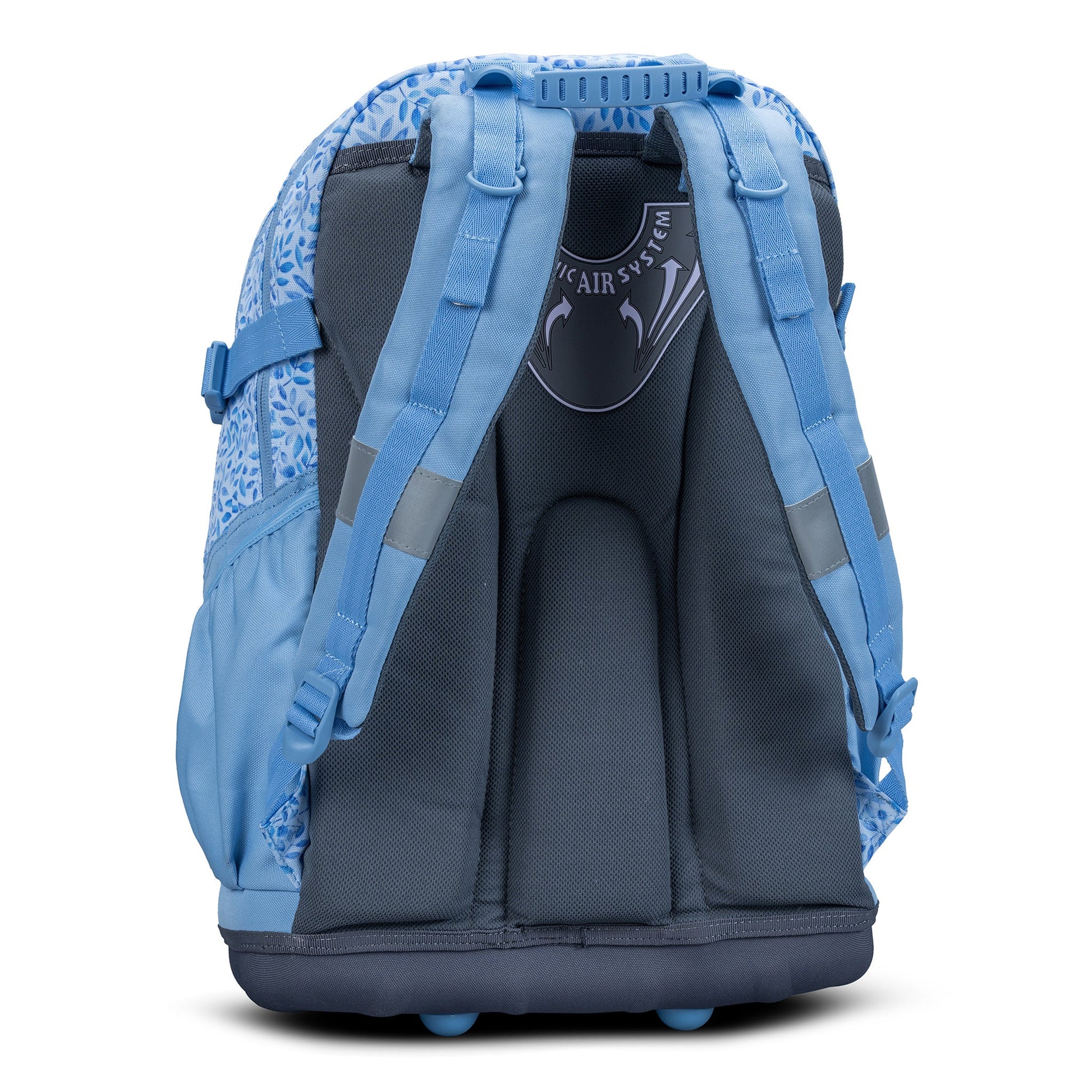 Blue floral-print school backpack with grey ergonomic air-system back panel, padded shoulder straps, reflective strip, and rubber base feet