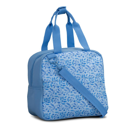 Lunch bag in blue with watercolour leaf print front panel, top carry handles and detachable shoulder strap