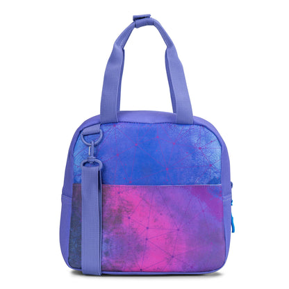 Lunch bag with purple and pink galaxy ombre print, dual carry handles, detachable shoulder strap and teal zip detail