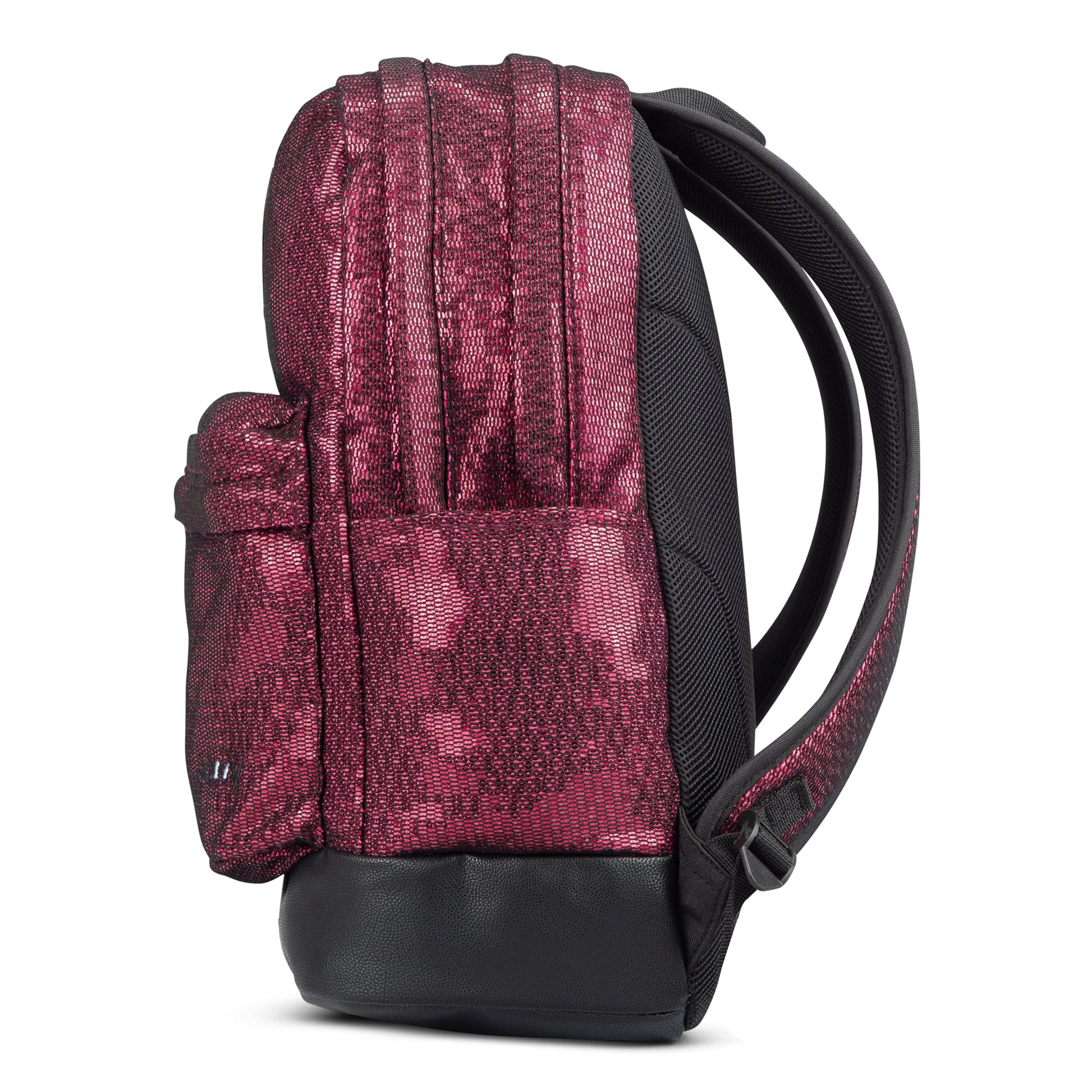 Backpack in metallic burgundy textured fabric with base, padded straps and side pocket, side view