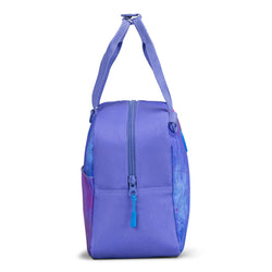 Purple kids lunch bag with blue zip pulls, adjustable shoulder strap, front zip pocket and side slip pocket, galaxy print panels