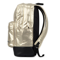 Backpack in metallic gold quilted fabric with black base, padded straps and side water bottle pocket