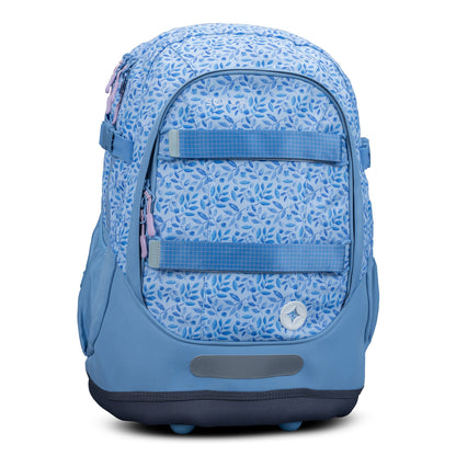 Kids' school backpack in light blue floral leaf print with structured base, reflective strip, pink zips and elastic front straps