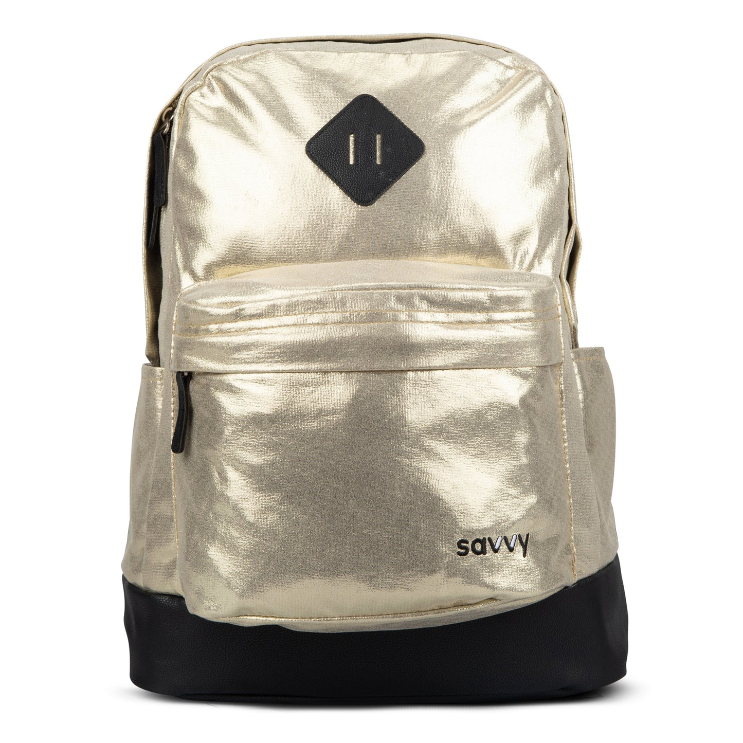 Savvy backpack in gold metallic fabric with base, diamond patch detail, front zip pocket and side pockets