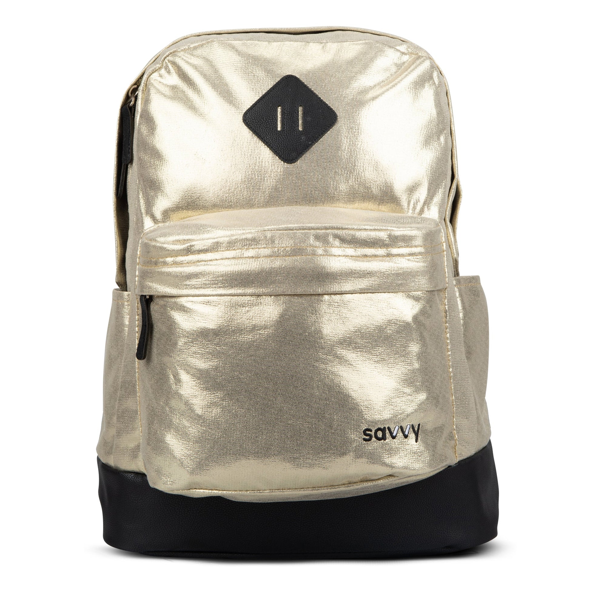 Savvy backpack in gold metallic fabric with base, diamond patch detail, front zip pocket and side pockets