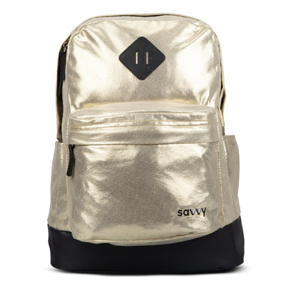 Savvy backpack in gold metallic fabric with base, diamond patch detail, front zip pocket and side pockets