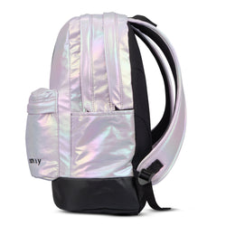 Savvy backpack in iridescent holographic pink with black padded straps, side pocket and base, side view