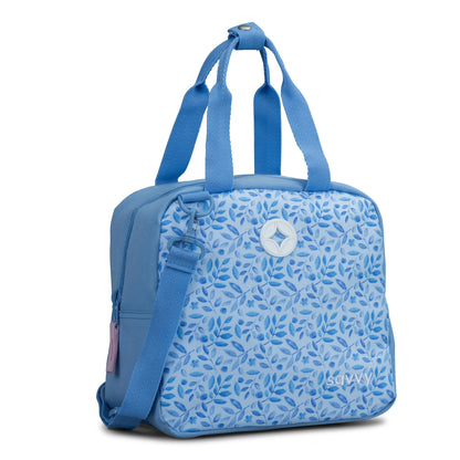 Scivvy tote bag in blue with allover leaf print, dual carry handles, zip closure and detachable shoulder strap