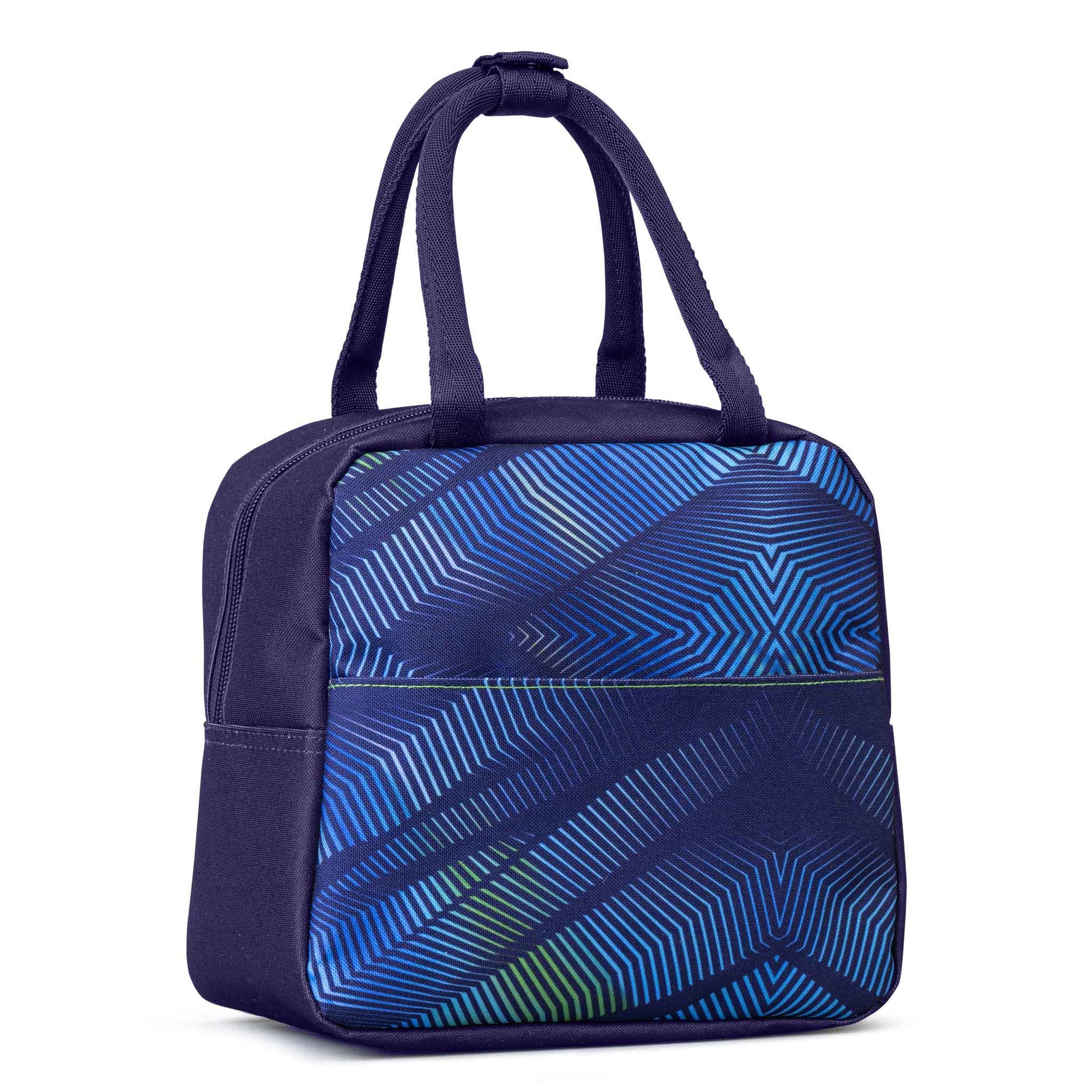 Lunch bag navy blue polyester with geometric blue-green gradient line pattern, front zip pocket, and dual carry handles