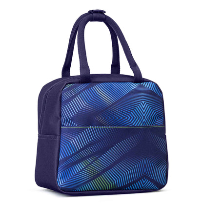 Lunch bag navy blue polyester with geometric blue-green gradient line pattern, front zip pocket, and dual carry handles