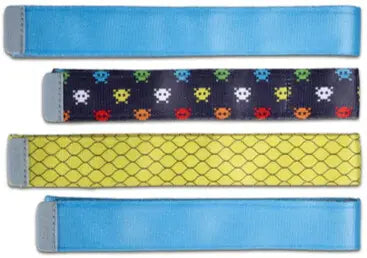 Four elastic wristbands in blue, multicolour skull print, yellow mesh, and plain blue with grey velcro closures