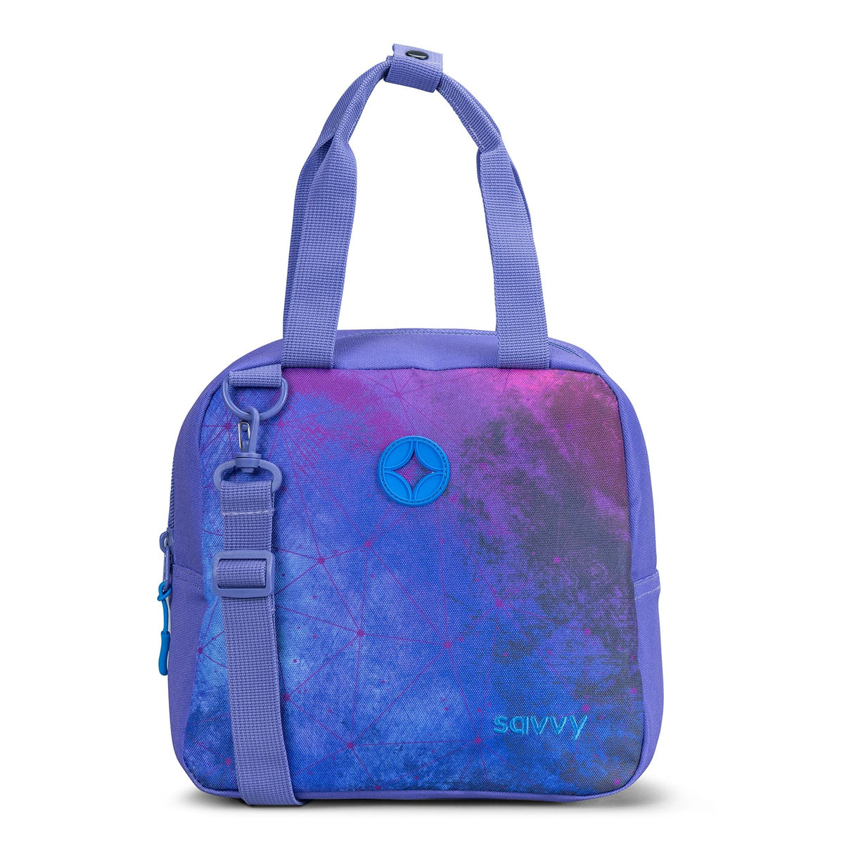 Savvy lunch bag with purple-pink galaxy print, dual top handles, adjustable crossbody strap and blue star logo badge