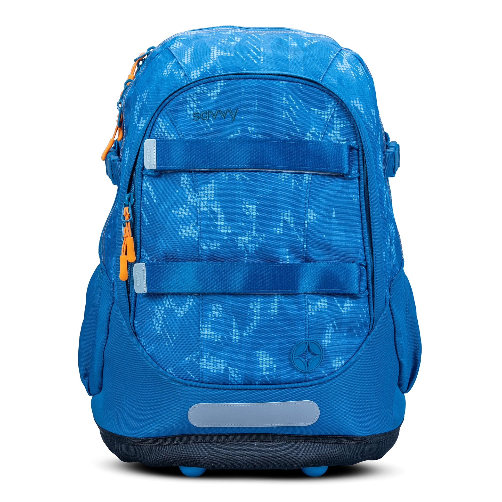Savvy kids backpack in bright blue geometric print with orange zip pulls, front straps, reflective strip and navy base