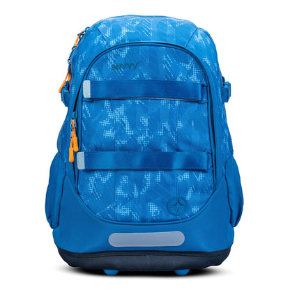 Savvy kids backpack in bright blue geometric print with orange zip pulls, front straps, reflective strip and navy base