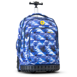 Savvy rolling backpack in blue abstract brushstroke print with extendable handle, rubber base, and yellow logo badge