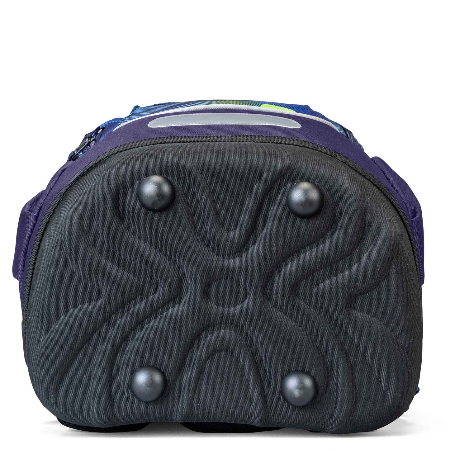 School backpack bottom view showing moulded black rubber base with four metal feet studs and purple zip trim, blue-green patterned fabric visible above