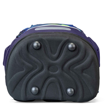 School backpack bottom view showing moulded black rubber base with four metal feet studs and purple zip trim, blue-green patterned fabric visible above