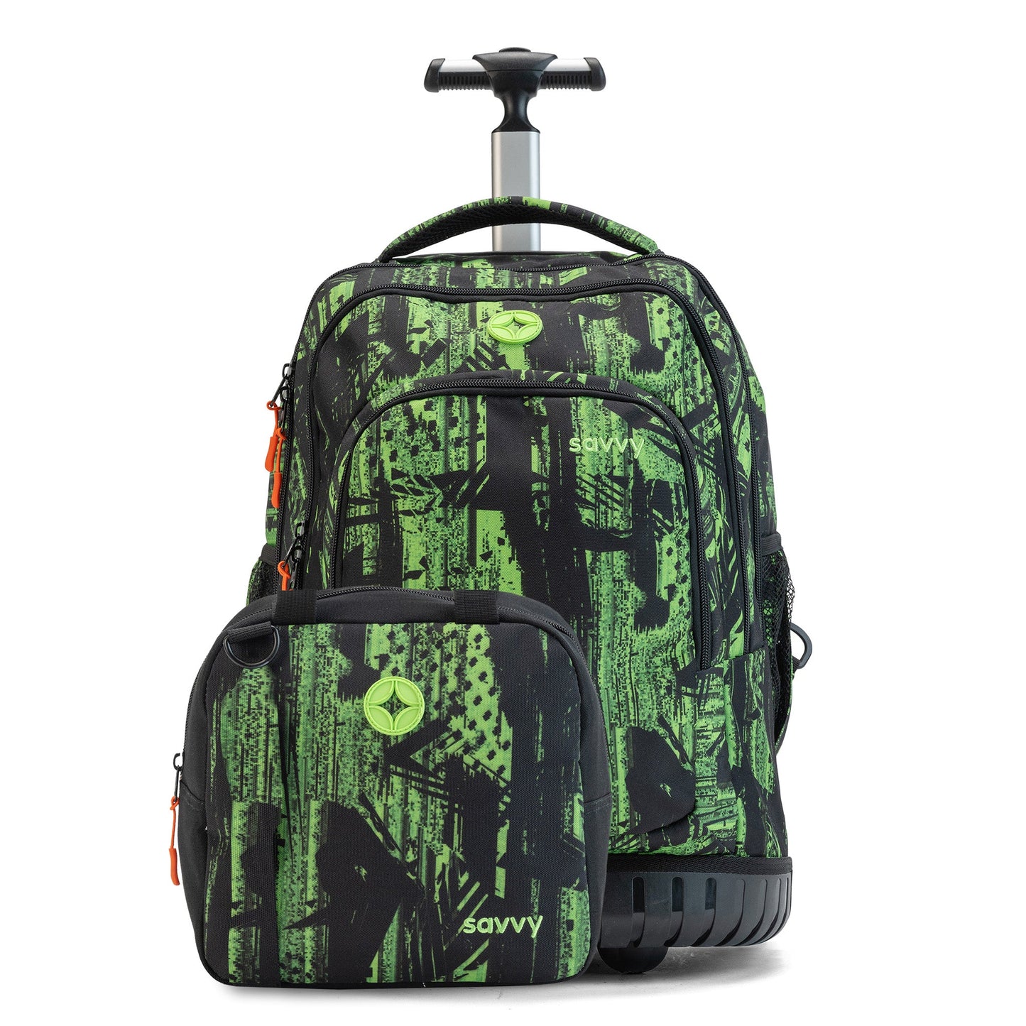 Savvy rolling backpack and lunch bag set in black and green abstract print with telescoping handle and wheels