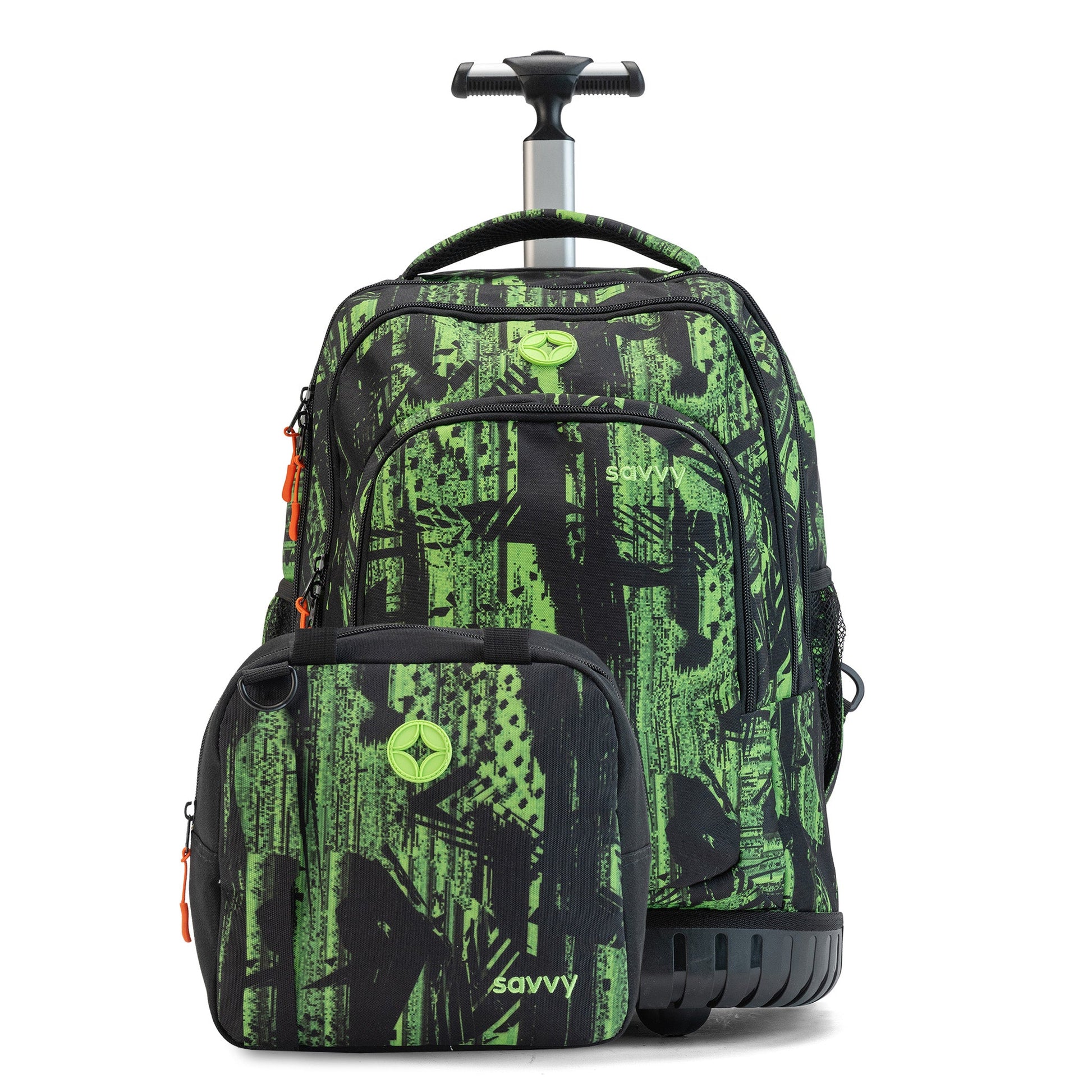 Savvy rolling backpack and lunch bag set in black and green abstract print with telescoping handle and wheels