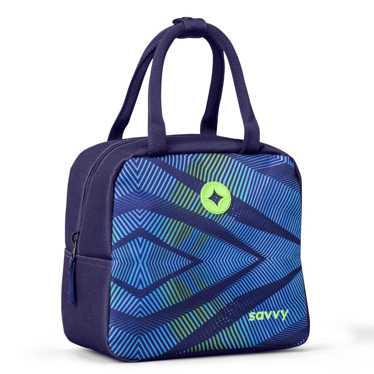 Savvy lunch bag with navy blue and green geometric zigzag print, dual top handles, side zip pocket, and lime green logo badge