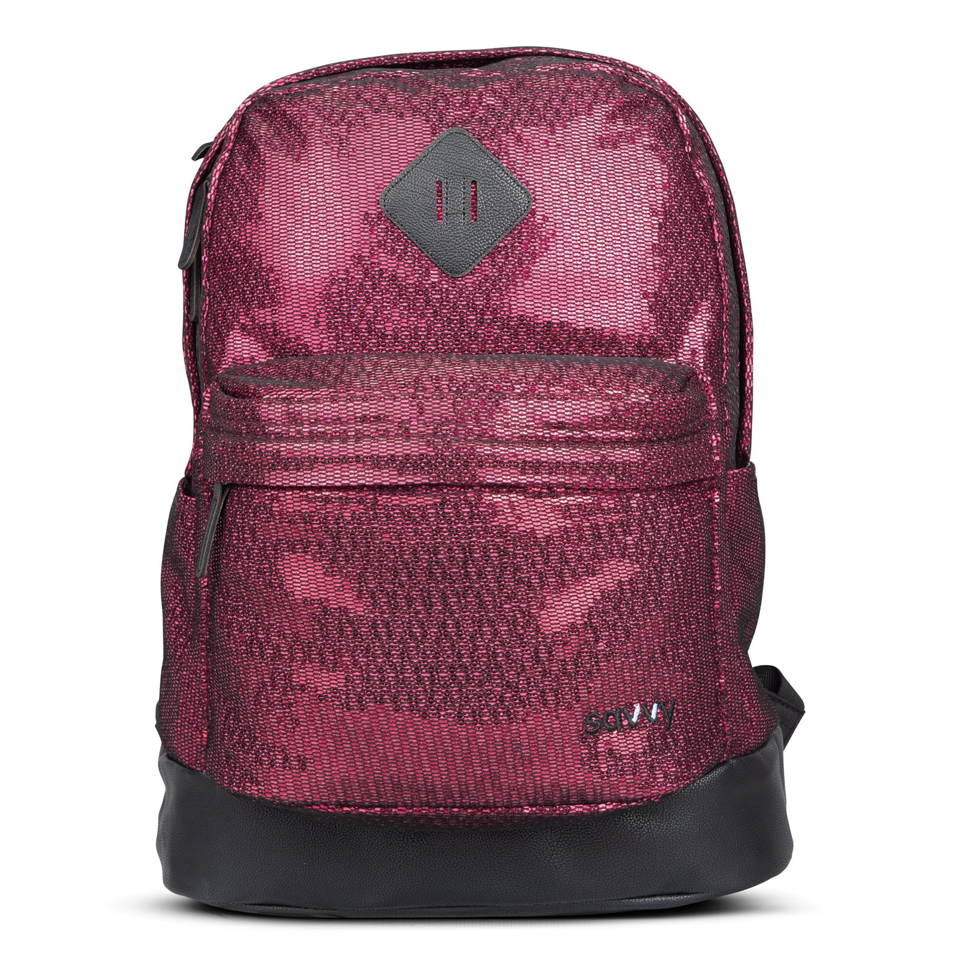 Backpack in pink metallic shimmer fabric with black base, front zip pocket, diamond logo patch, and side pockets