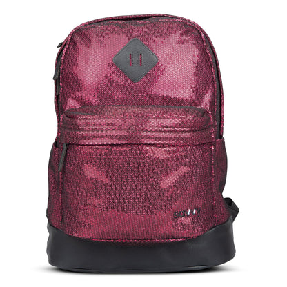 Backpack in pink metallic shimmer fabric with black base, front zip pocket, diamond logo patch, and side pockets