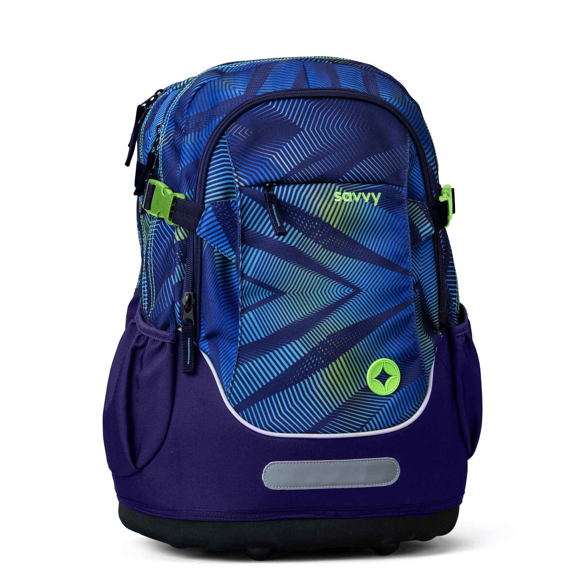 Kids' Savvy school backpack in navy blue with neon green geometric print, multiple zip compartments and reflective strip