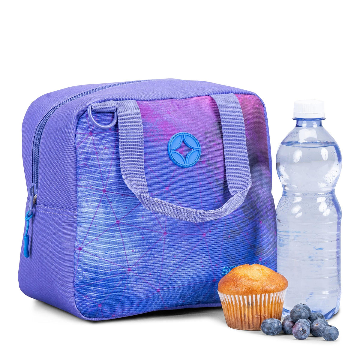 Purple insulated lunch bag with galaxy constellation print, zip closure, carry handles, and blue rubber logo badge