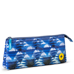 Pencil case with blue abstract ikat print, zip top, yellow rubber badge, and cyan branded zip pull tab