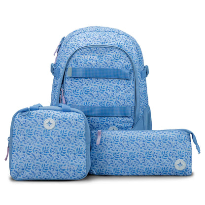 Blue floral leaf print backpack set with matching lunch bag and pencil case, pink zip accents, Savvy branded